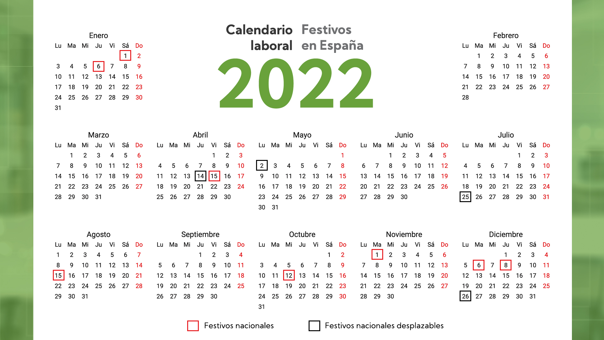 Los 12 días festivos del calendario laboral de 2022 en España