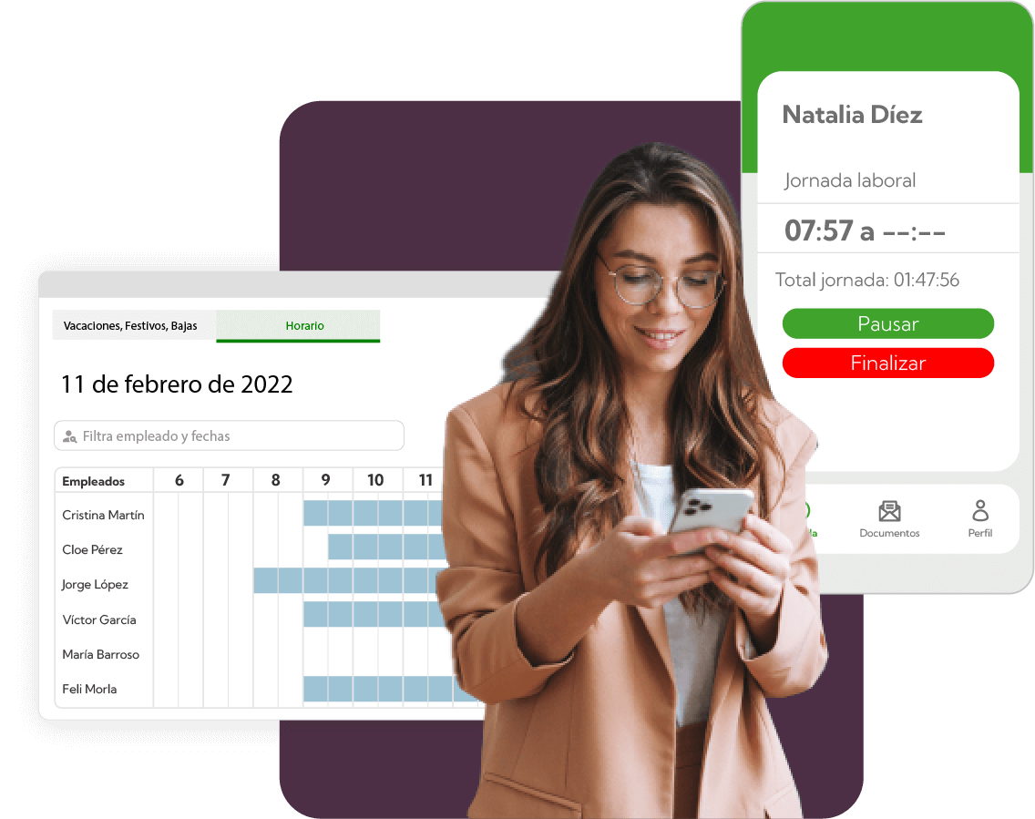 Chica registrando las horas trabajadas a traves de una aplicacion de control laboral hogar