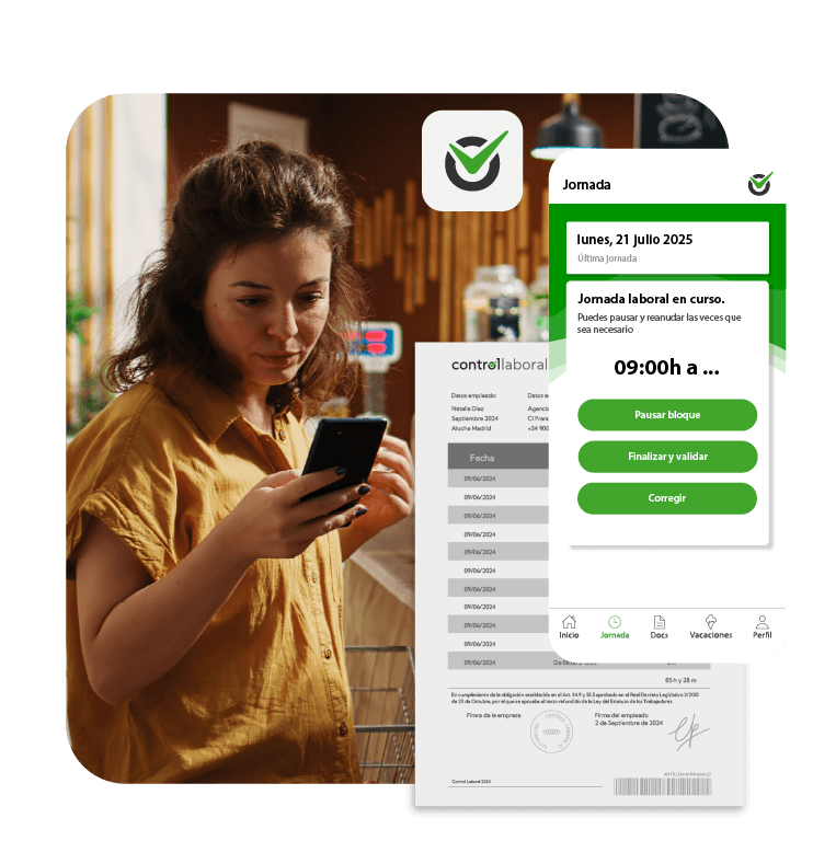 Mujer viendo la app de control laboral