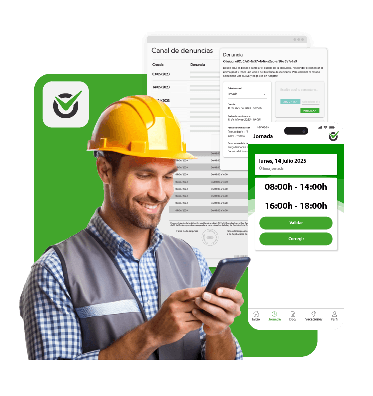 Obrero viendo la app de control laboral