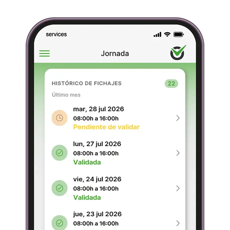 Pantalla de móvil de registro horario