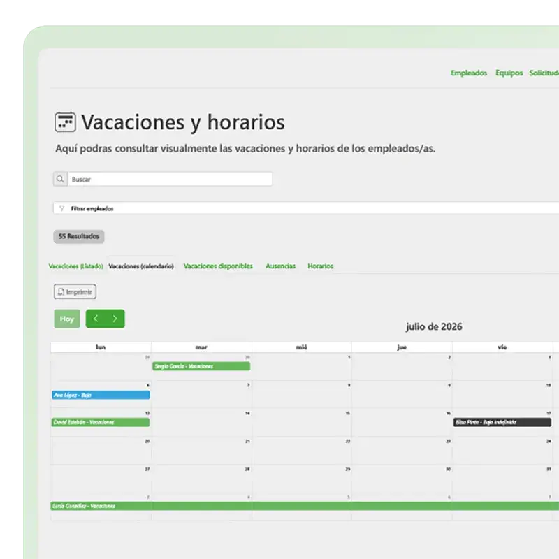 Calendario de absentismos laborales, vacaciones y festivos